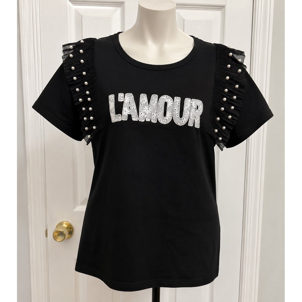 Ashley Stewart L'Amour Eyelet Lace Pearl Ruffle Tee NWT Plus 18/20 Black